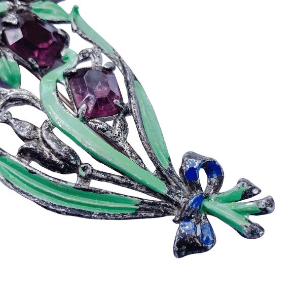 Vintage 1930s Floral Bouquet Brooch Purple Glass Enamel Pot Metal Jewelry Pin - Picture 6 of 15